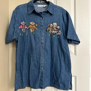 Cami Rose Denim‎ Shirt Teddy Bear Embroidered Button Up Short Sleeve Top